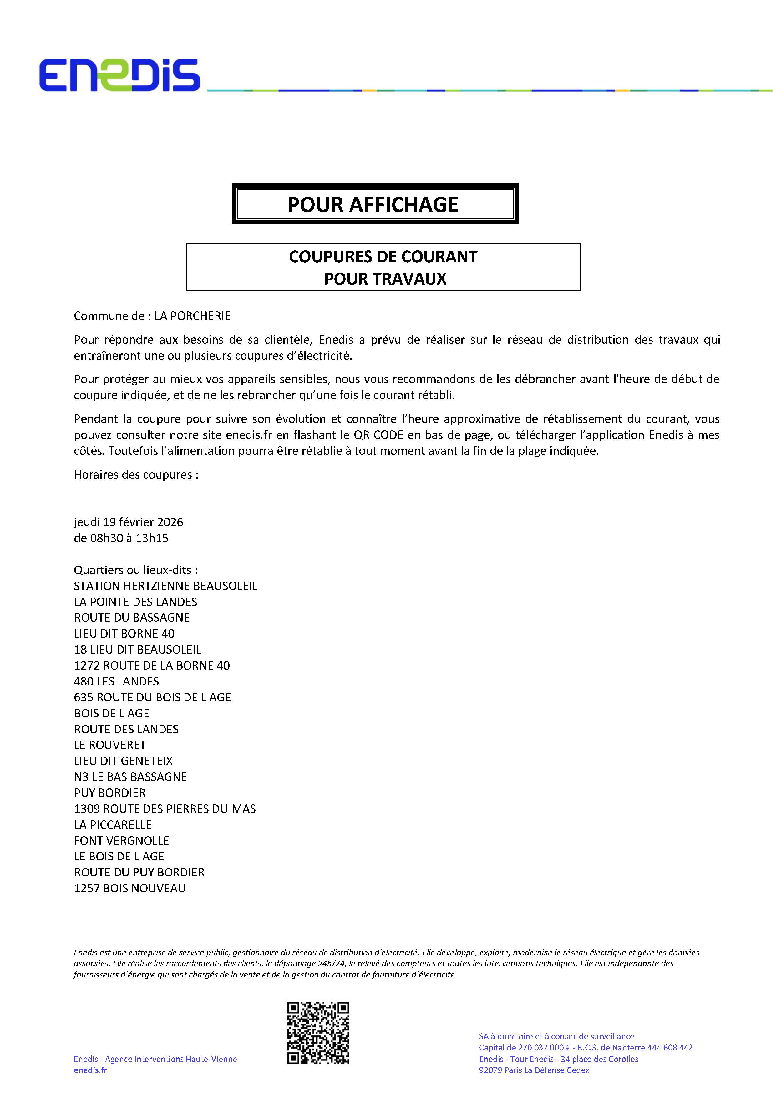 Coupure d'électricité le 19 février 2026 entre 8h30 et 13h45